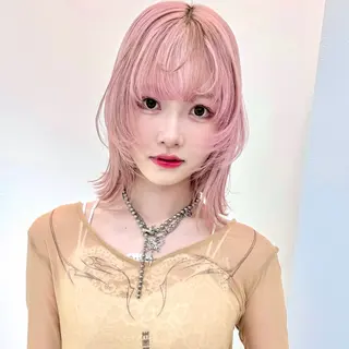 ロング カラー パーマ ヘアアレンジ メンズ キッズ ハイトーン/ピンク 💗モモ໒꒱のヘアスタイル