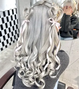 ロング カラー パーマ ヘアアレンジ メンズ キッズ ハイトーン/ピンク 💗モモ໒꒱のヘアスタイル