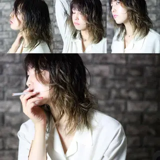 ミディアム カラー パーマ 柴田 陽平のヘアスタイル