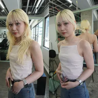 セミロング カラー パーマ ヘアアレンジ 髪と音処　マトぺ所属・ダブルカラー/ボブ ブリーチカラー/ユリのヘアスタイル