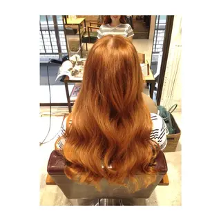 セミロング ロング カラー パーマ アオガミ （前髪顔周りカット）のヘアスタイル