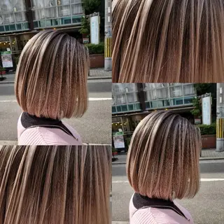 ミディアム ツヤ髪✨縮毛矯正 ハイトーンカラーのヘアスタイル