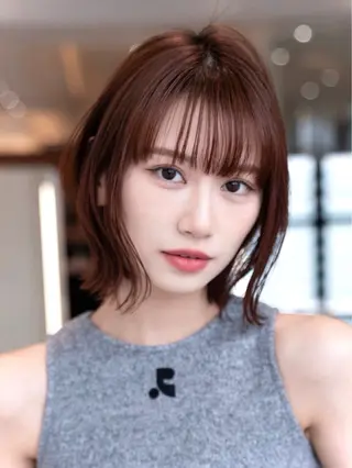 ミディアム カラー くびれボブ×赤み 消しカラー/楓のヘアスタイル