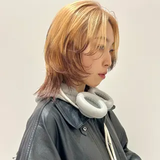 ミディアム カラー ハイトーン/ブリーチ 似合せカット/パーマのヘアスタイル