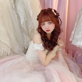 ロング カラー ヘアアレンジ 艶暗髪 ピンクカラー 似合わせカット 栄のヘアスタイル