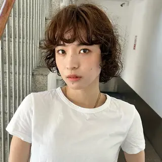 ミディアム パーマ 丸みボブ/メンズ /大山杏奈🌙のヘアスタイル