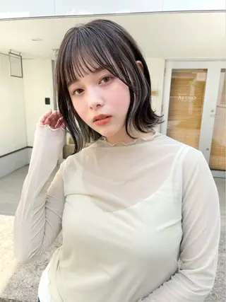 ミディアム カラー 結べるレイヤーボブ くびれLady表参道のヘアスタイル