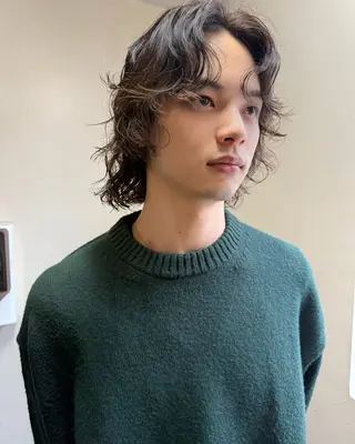 ミディアム パーマ メンズ 森貴裕/ベージュ/ パーマ/オリーブのヘアスタイル