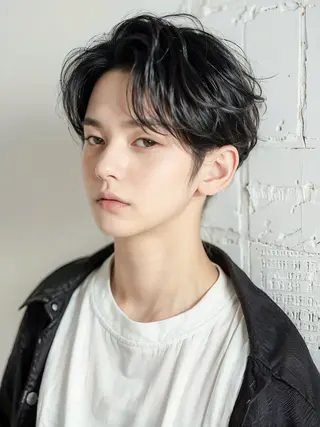 ミディアム パーマ メンズ ハイライト、レイヤー カット/西梅田/中西のヘアスタイル