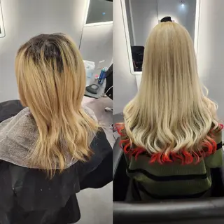 ミディアム カラー ツヤ髪✨縮毛矯正 ハイトーンカラーのヘアスタイル