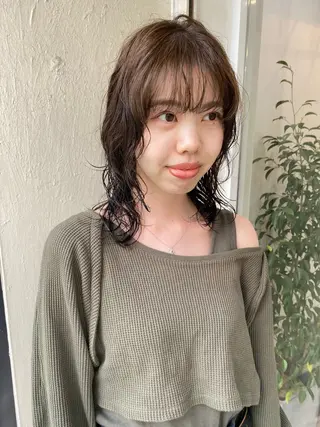 ミディアム カラー パーマ 森貴裕/ベージュ/ パーマ/オリーブのヘアスタイル