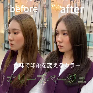 セミロング 柔らかオリーブカラー 透明感カラー古澤羅威のヘアスタイル