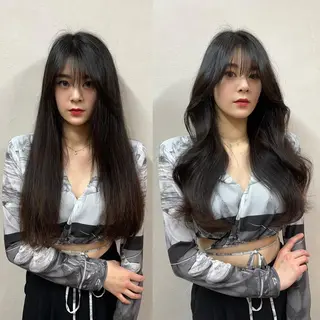 ロング 韓国ヘア レイヤーカットのヘアスタイル