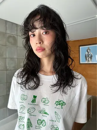 セミロング パーマ 榛地 渉馬のヘアスタイル