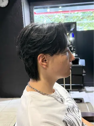 ミディアム パーマ メンズ 難波/メンズウルフ・ フェザーパーマ鶴田文のヘアスタイル