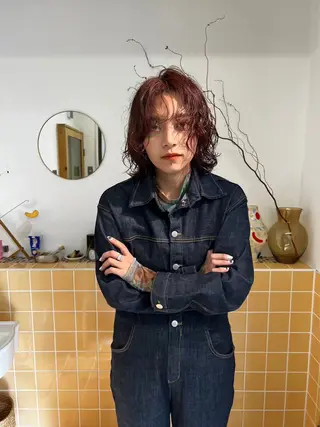 ミディアム パーマ nishido ハイライト/メンズのヘアスタイル