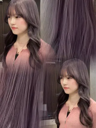 ロング 韓国ヘア/ブリーチ無 しWカラー/オリーブのヘアスタイル