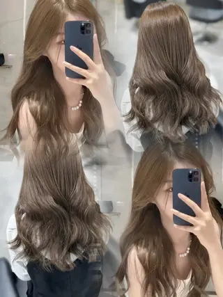 ロング 韓国ヘア/ブリーチ無 しWカラー/オリーブのヘアスタイル