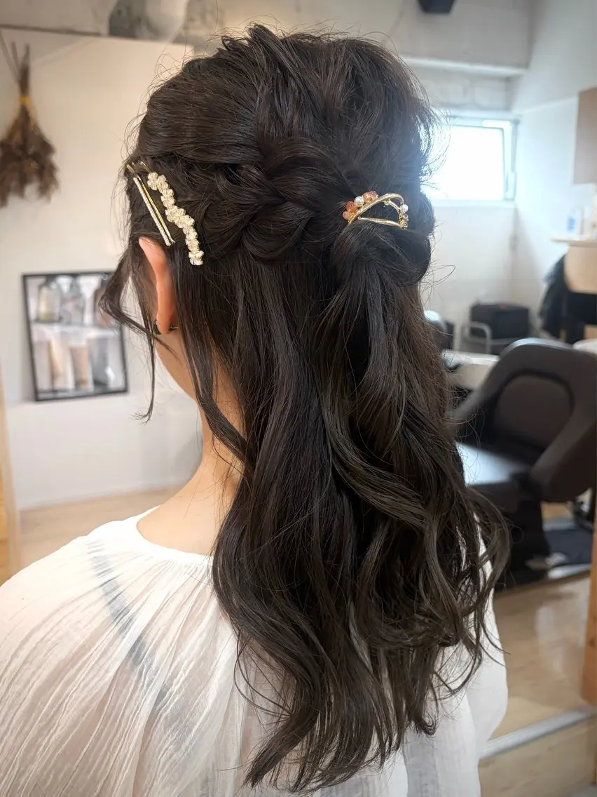 ロング ヘアアレンジ ハーフアップ ポニーテール 結婚式・ブライダル 韓国風ヘア ヘアセット cana 札幌レイヤースタイルのヘアスタイル