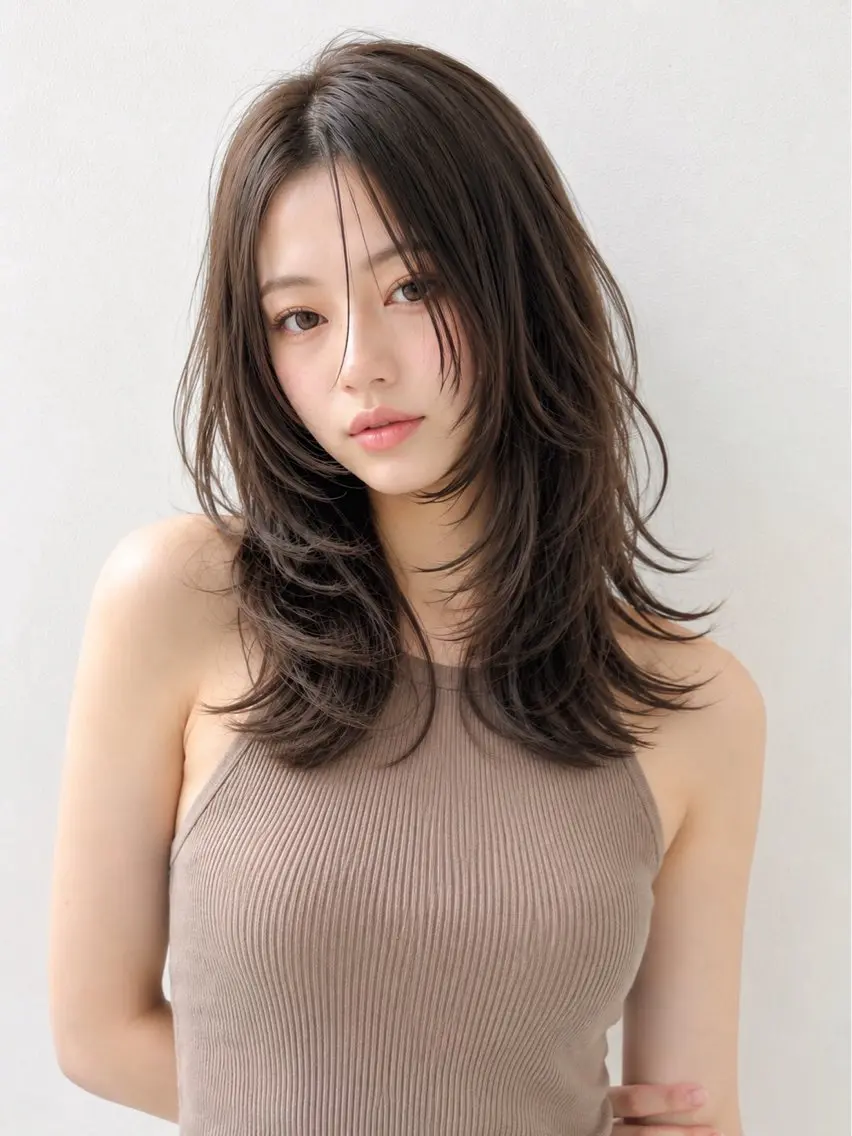 ミディアム 顔まわりレイヤー ハッシュカット 髪質改善 韓国風ヘア レイヤーカット カット ヘアカラー ケアカラー×髪質改善 🌙OKUBO🌙のヘアスタイル