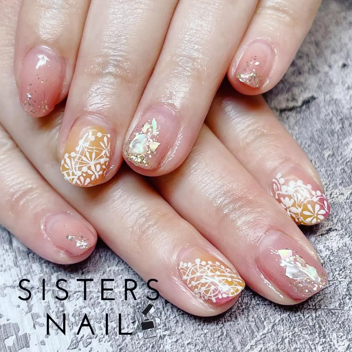 ネイル アートネイル グラデーション レース オフィスネイル ピンク sisters nail.fのネイルデザイン