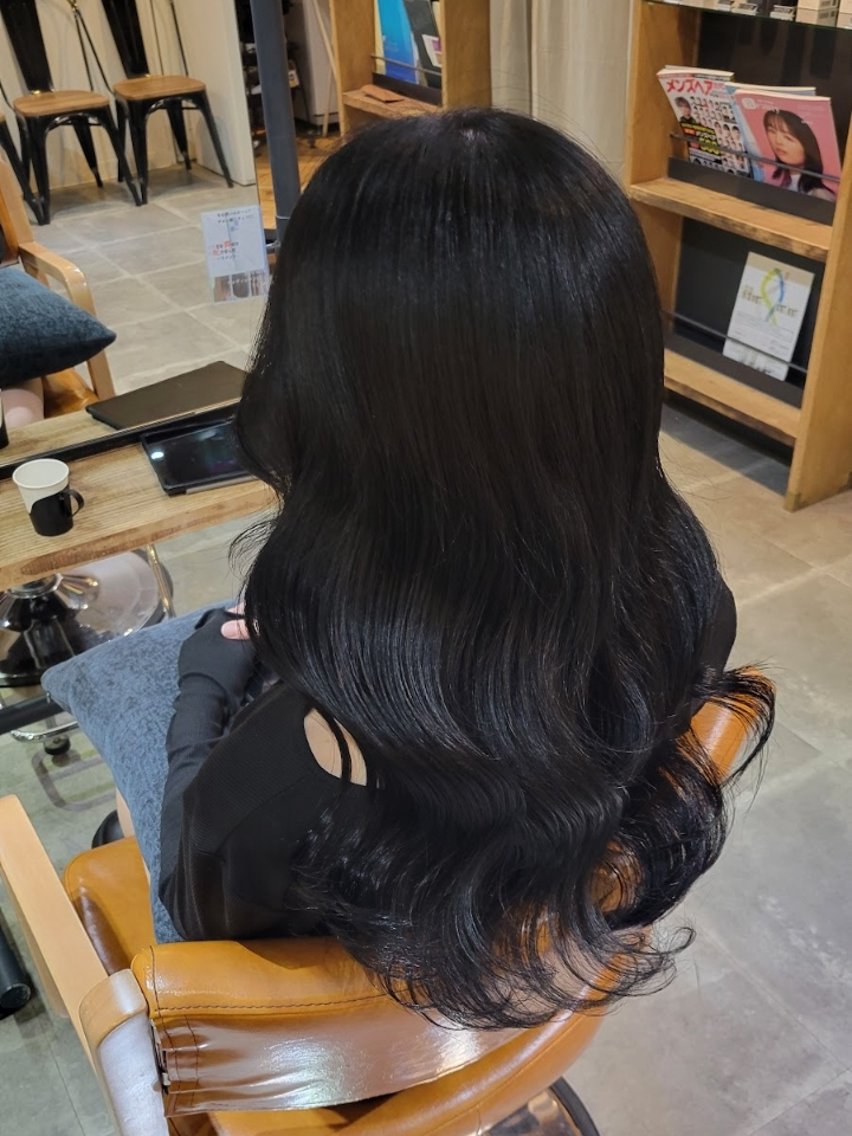 カラー ロング 黒髪 ブルーカラー ブルーブラック 縮毛矯正/透明感 カラー/CHER🦋のヘアスタイル