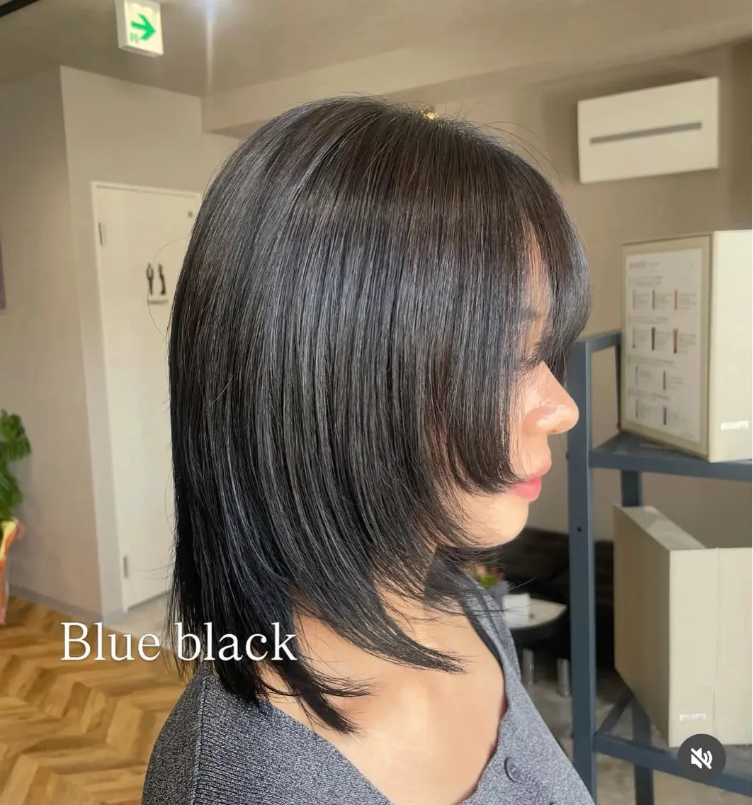 ミディアム カラー 黒髪 ブルーカラー ブルーブラック 透明感カラー レイヤーカット カット ヘアカラー トリートメント CHIO 🤍のヘアスタイル