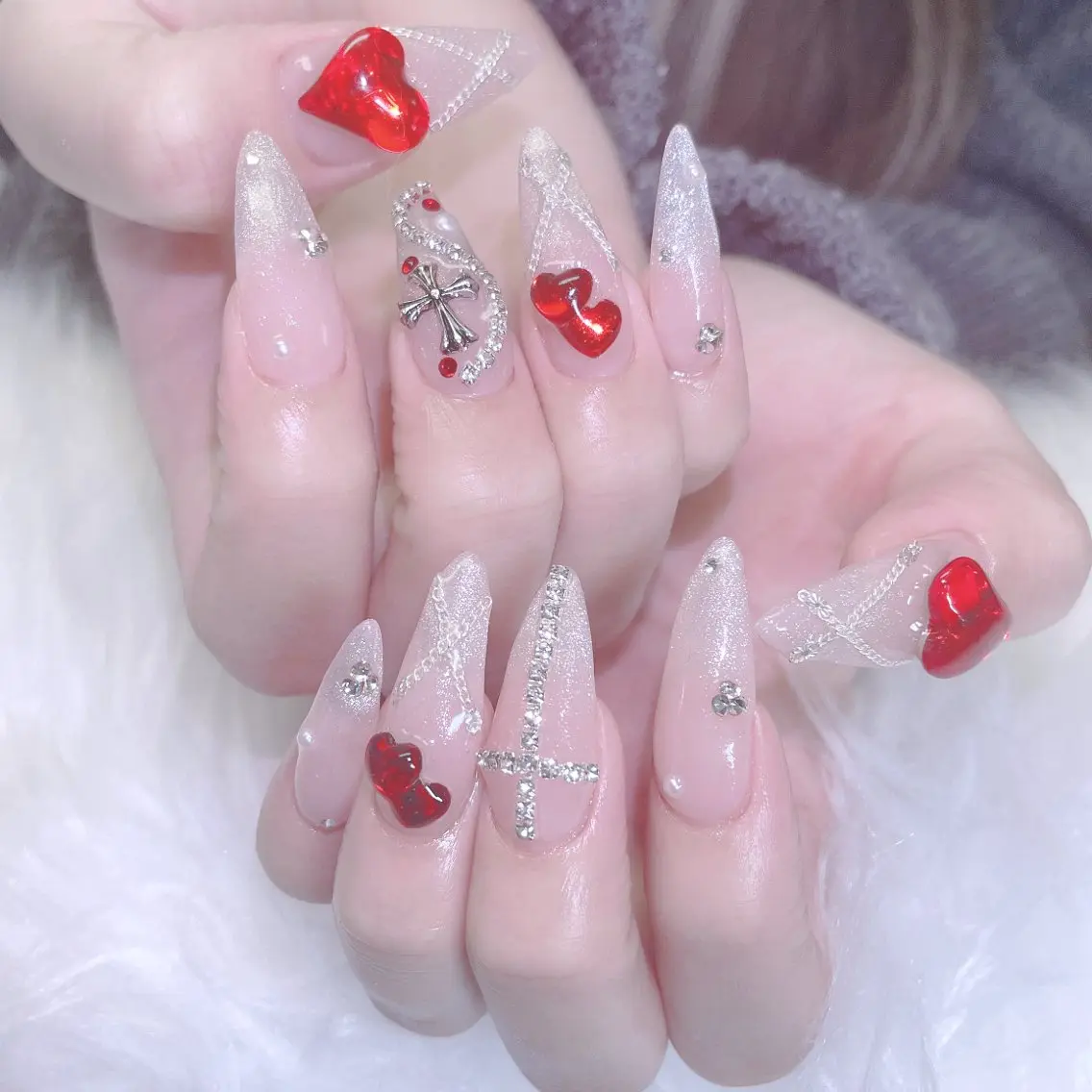 ネイル 成人式 ロングネイル マグネットネイル 大理石ネイル(マーブル) リボン ハンドネイル MoMoA Nail ネイル長さ出し専門店のネイルデザイン