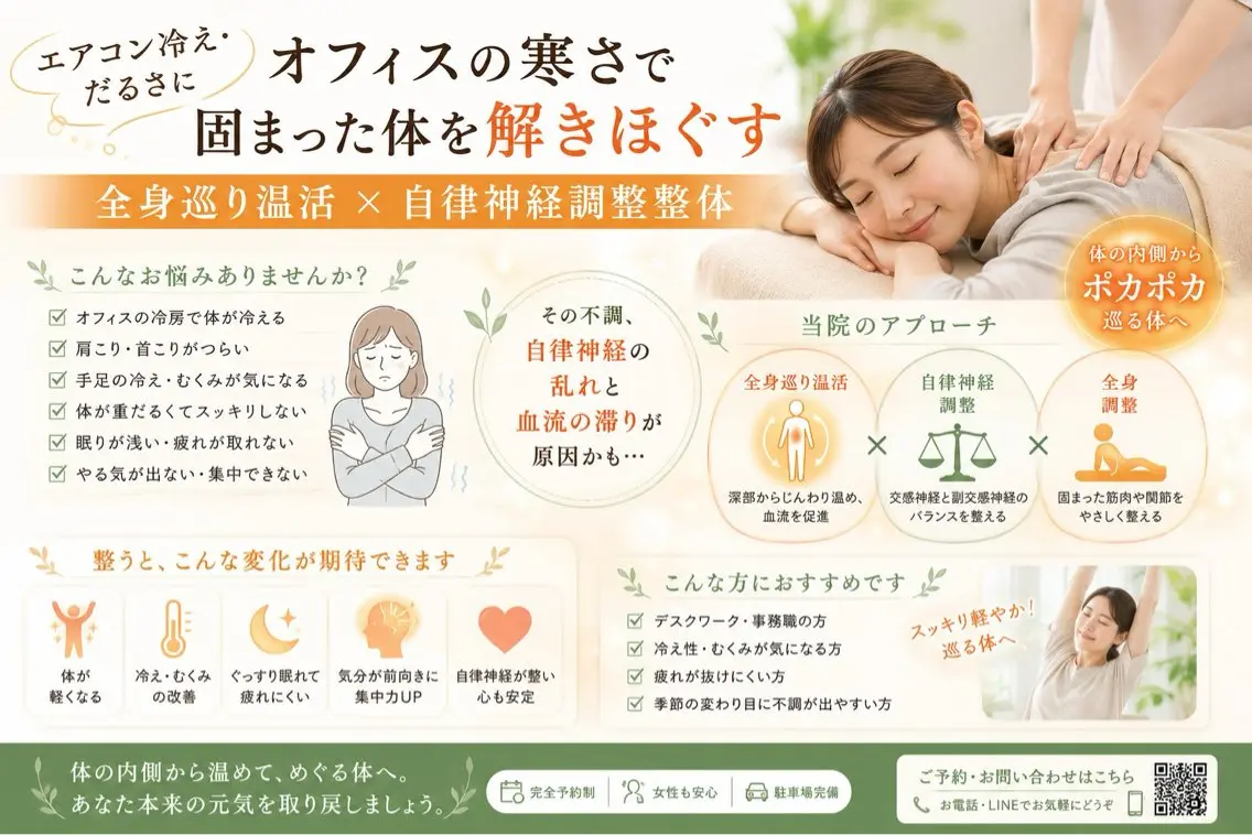【エアコン冷え・だるさに】オフィスの寒さで固まった体をほぐす:全身巡り温活×整体の写真