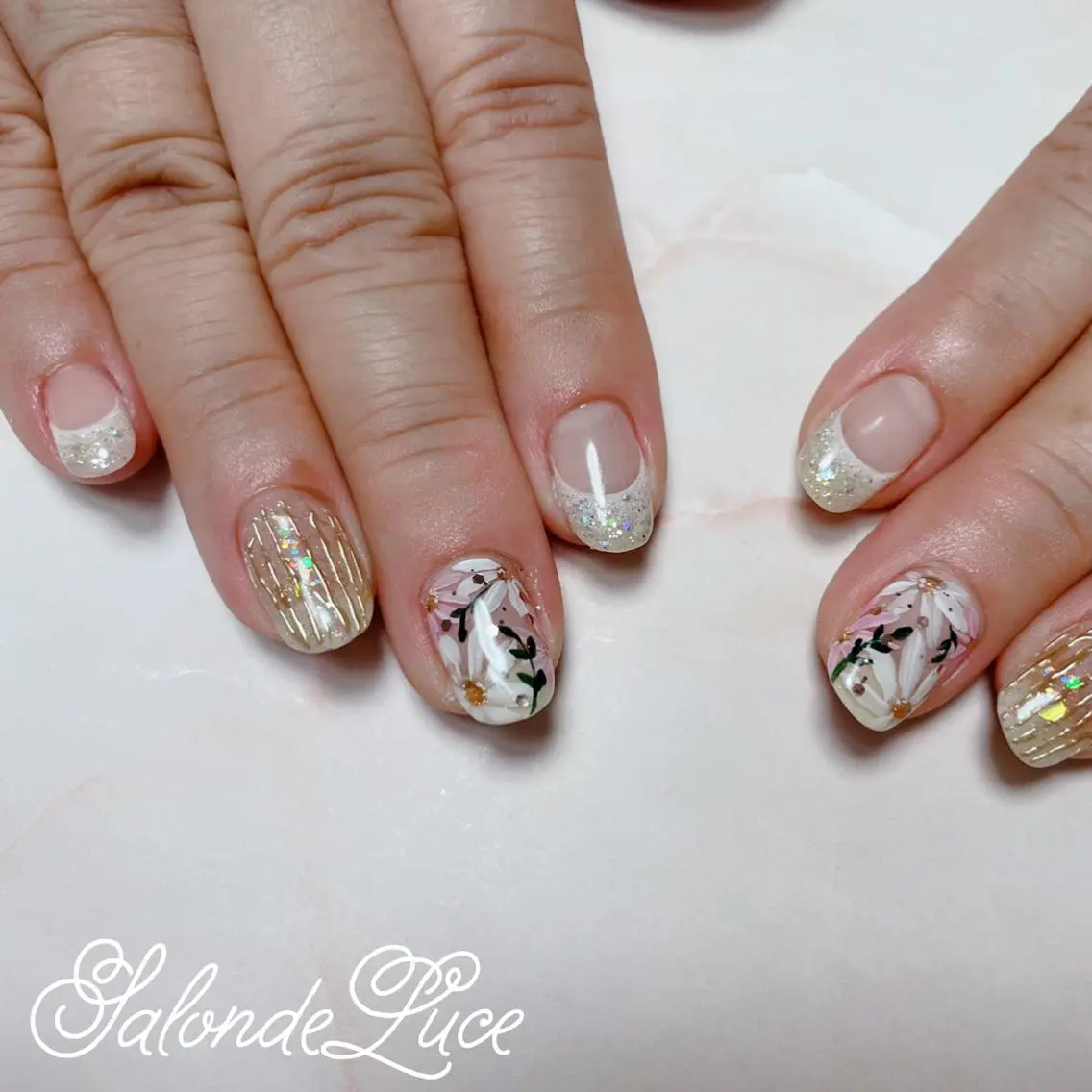 ネイル 桜ネイル フレンチネイル キラキラネイル ミラーネイル ハンドネイル Salon de Luceのネイルデザイン