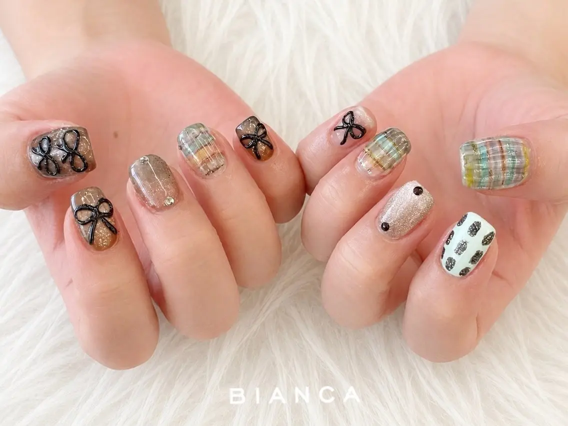 ネイル 持ち込み ぷっくりネイル リボン ハンドネイル Bianca大宮店 上野のネイルデザイン