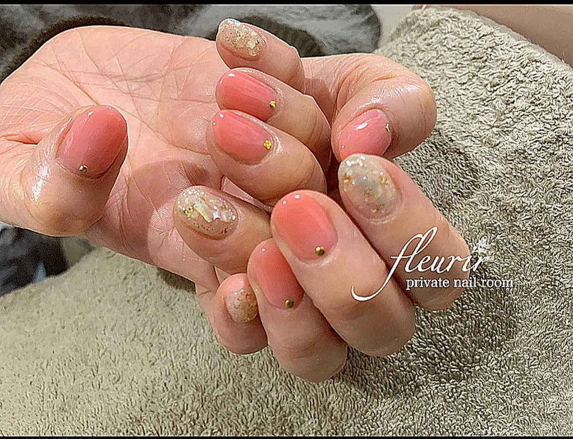 ネイル クリアネイル ゴールド ラメ(グリッター) オレンジ ピンク フルリール 【プライベートサロンのネイルデザイン