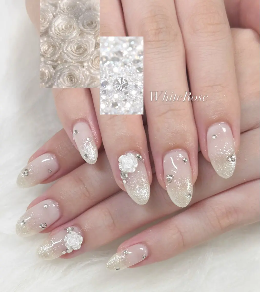 ネイル グラデーション キラキラネイル ラメ(グリッター) ラメグラデーション ホワイト ハンドネイル YUUMI🫧 nailのネイルデザイン