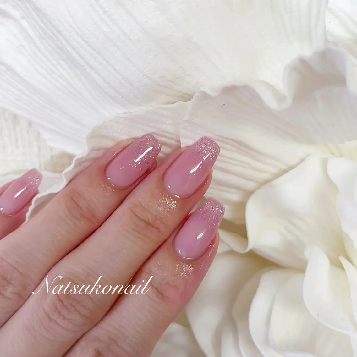 ネイル クリアネイル ラメ(グリッター) ピンク ハンドネイル NATSUKO NAILのネイルデザイン