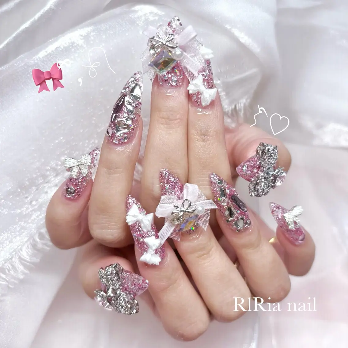 ネイル ラメ(グリッター) ピンク リボン ハンドネイル 🎀RIRia nail🎀のネイルデザイン