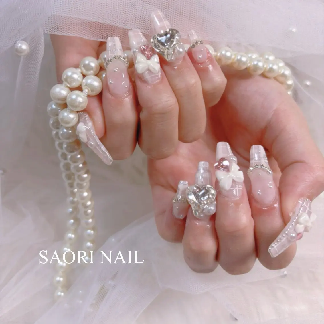 ネイル チークネイル フレンチネイル ジェルネイル ガーリー ハート SAORI NAIL /長さ出し専門店のネイルデザイン