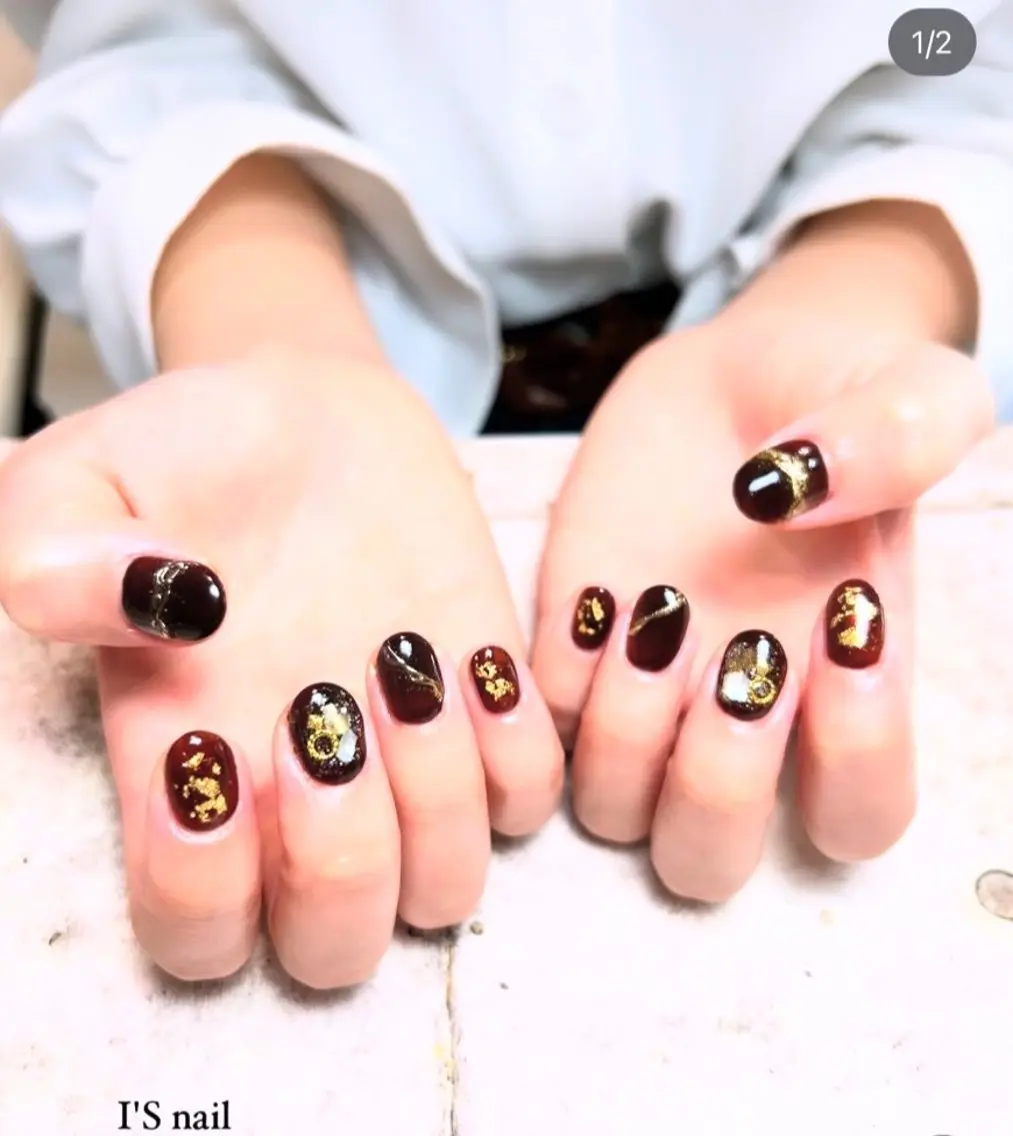 ネイル ブラウン クリアネイル ゴールド ハンドネイル I'S nail 佐野のネイルデザイン