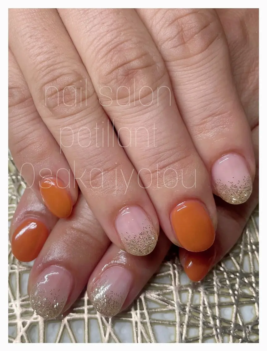 ネイル ゴールド ラメ(グリッター) オレンジ nail salon petillantのネイルデザイン
