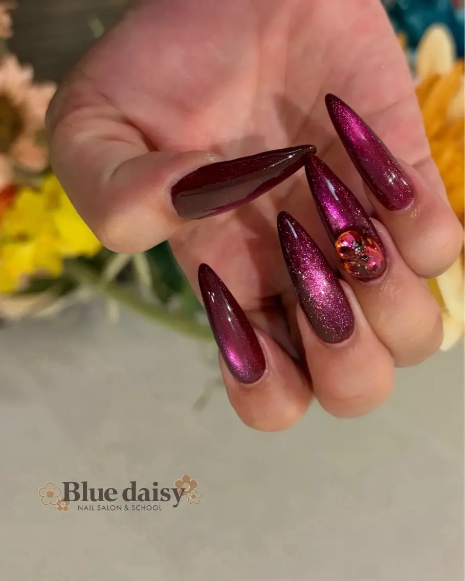 ネイル ボルドー キラキラネイル ロングネイル マグネットネイル ピンク ハンドネイル Blue daisy 栄本店のネイルデザイン