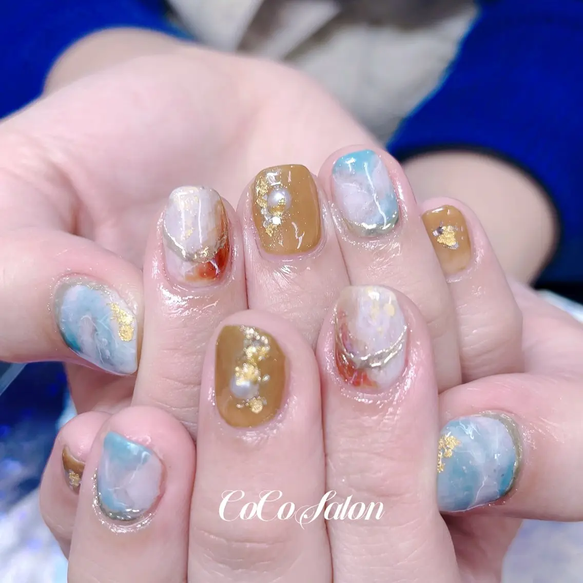 メンズ ネイル ブルー ボルドー ブラウン 長さ出し フレンチネイル ハンドネイル CoCoSalon ネイル/まつ毛予約のネイルデザイン