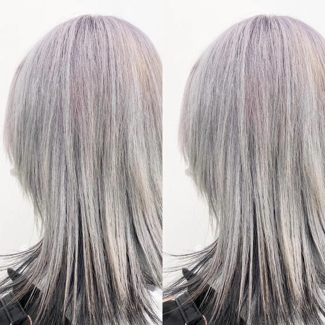カラー 黒髪 ブリーチ ラベンダーカラー シルバー 韓国ヘア レイヤーカットのヘアスタイル