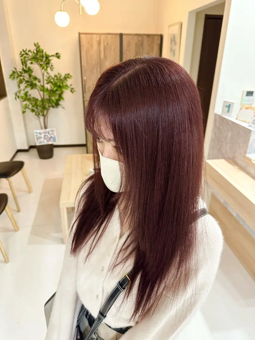 セミロング カラー ヘアアレンジ ブリーチ ボルドーカラー レッドカラー 境町/透明感カラー/ レイヤー/中茎涼太のヘアスタイル