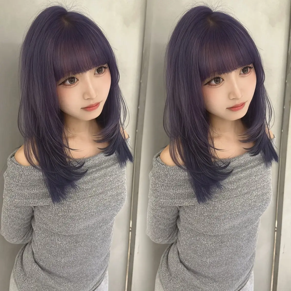 ミディアム カラー ミディアムレイヤー 透明感カラー パープルカラー くびれヘア 韓国風ヘア ヘアカラー トリートメント 水光艶カラー/ 艶ブリーチ/颯のヘアスタイル