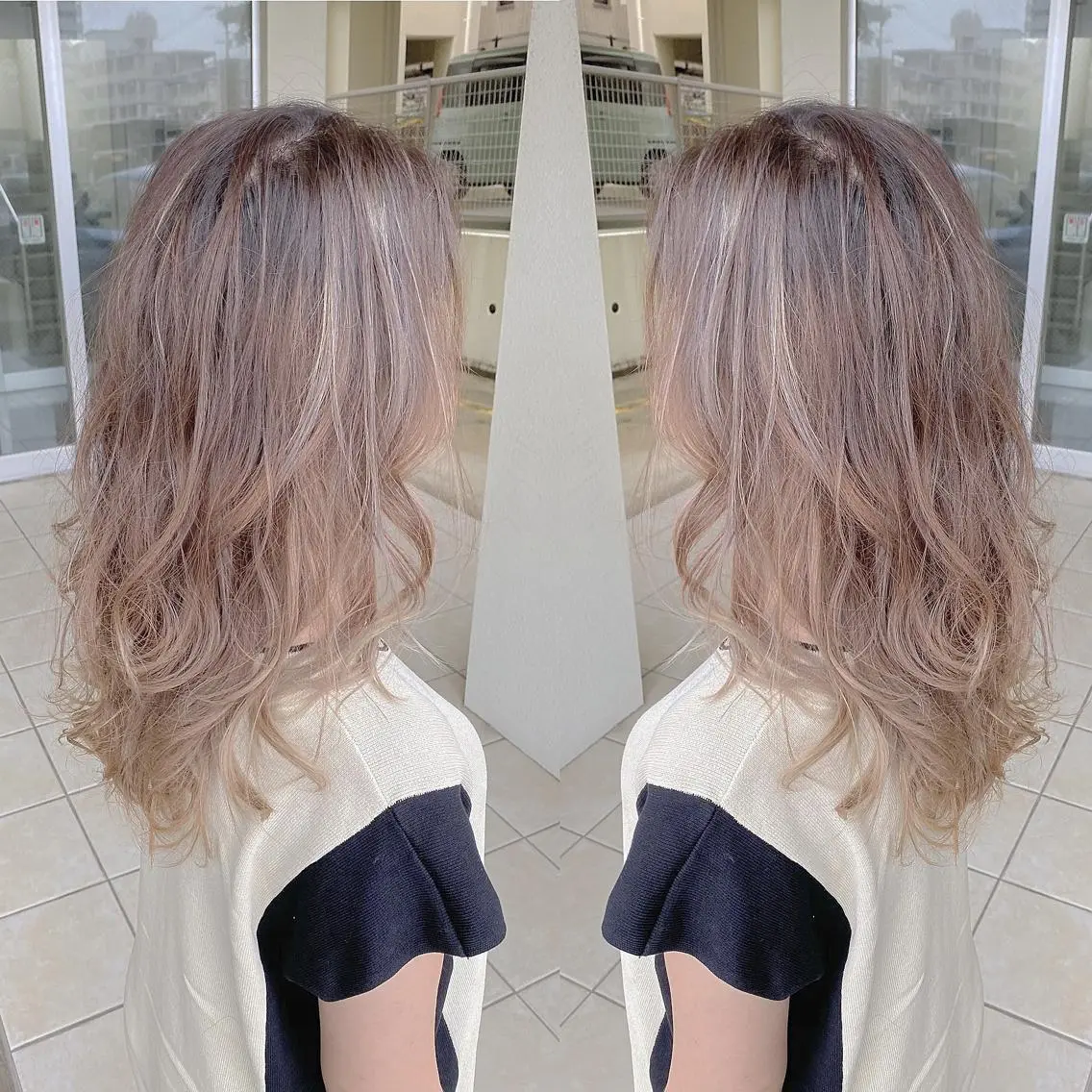 ミディアム カラー バレイヤージュ ハイライトカラー ハイライト レイヤーカット カット ヘアカラー トリートメント grand juteのヘアスタイル