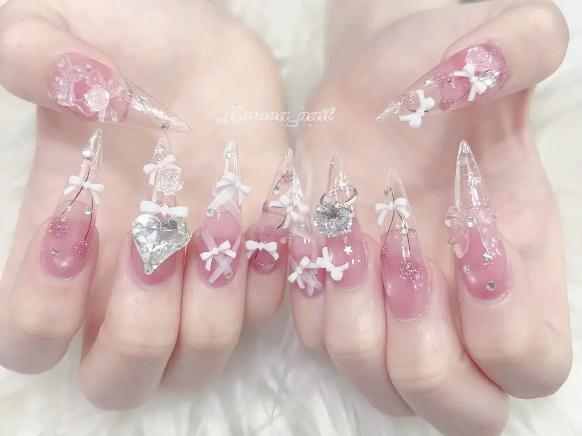 ネイル 成人式 マグネットネイル 大理石ネイル(マーブル) リボン 夏ネイル ハンドネイル MoMoA Nail ネイル長さ出し専門店のネイルデザイン