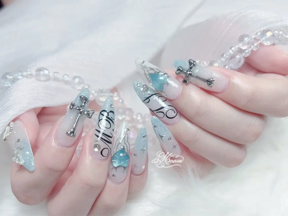 ネイル 成人式 大理石ネイル(マーブル) リボン 夏ネイル ネイルチップ ハンドネイル MoMoA Nail ネイル長さ出し専門店のネイルデザイン