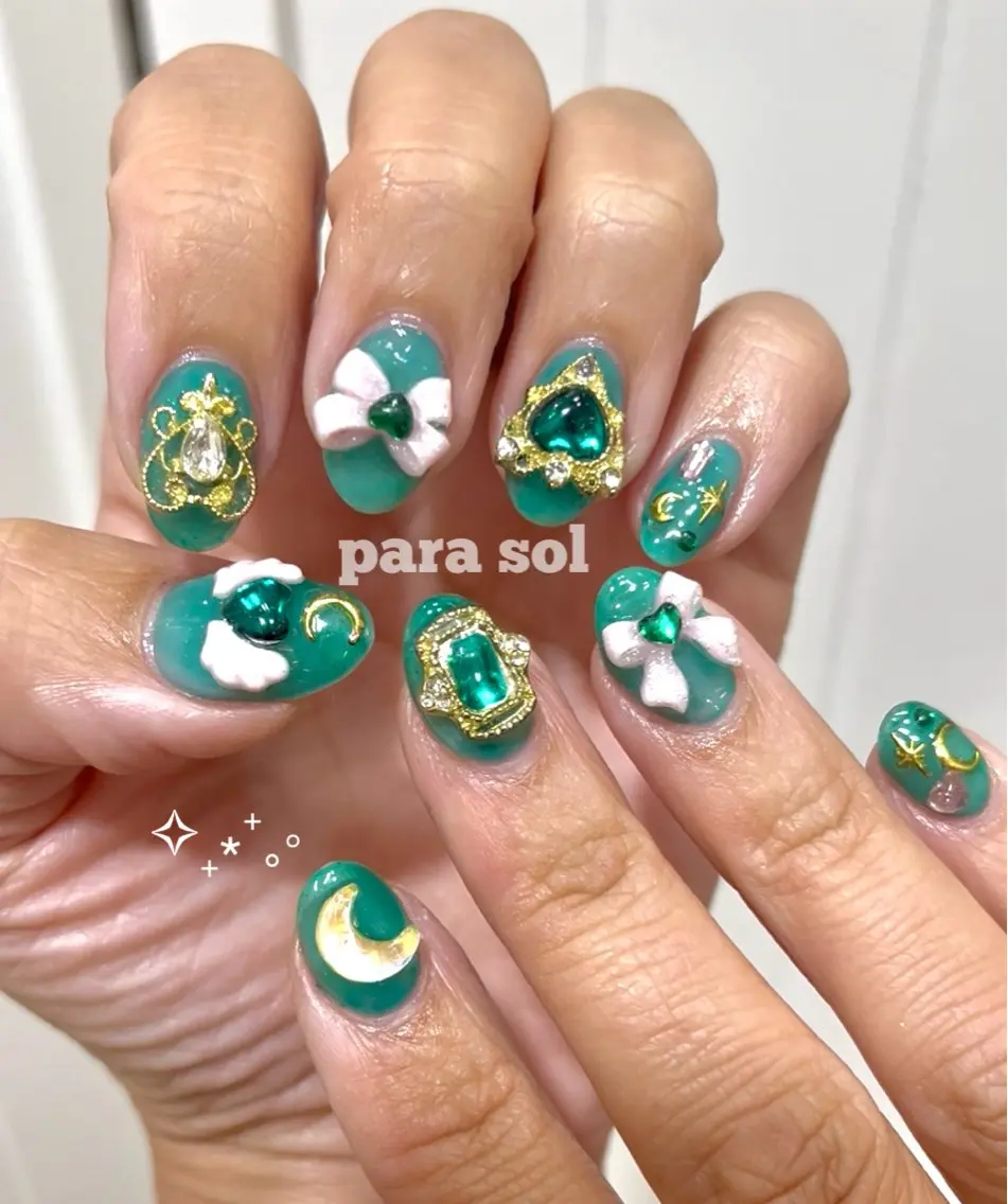 ネイル グリーン ハート ショートネイル ハンドネイル フットネイル Para Sol nail　Maoのネイルデザイン