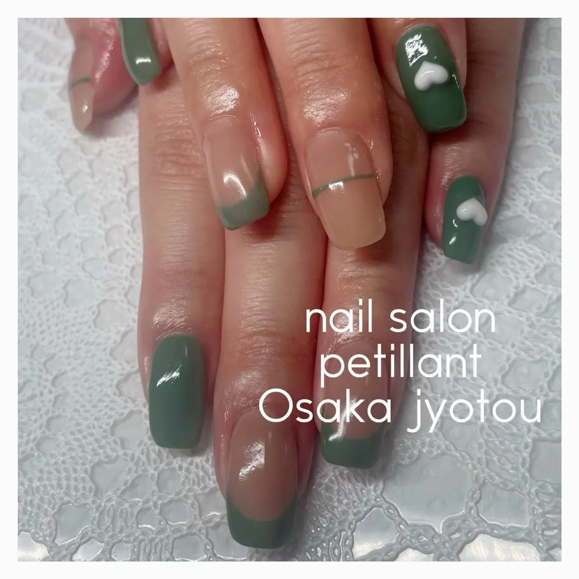 ネイル アートネイル フレンチネイル グリーン 春ネイル nail salon petillantのネイルデザイン