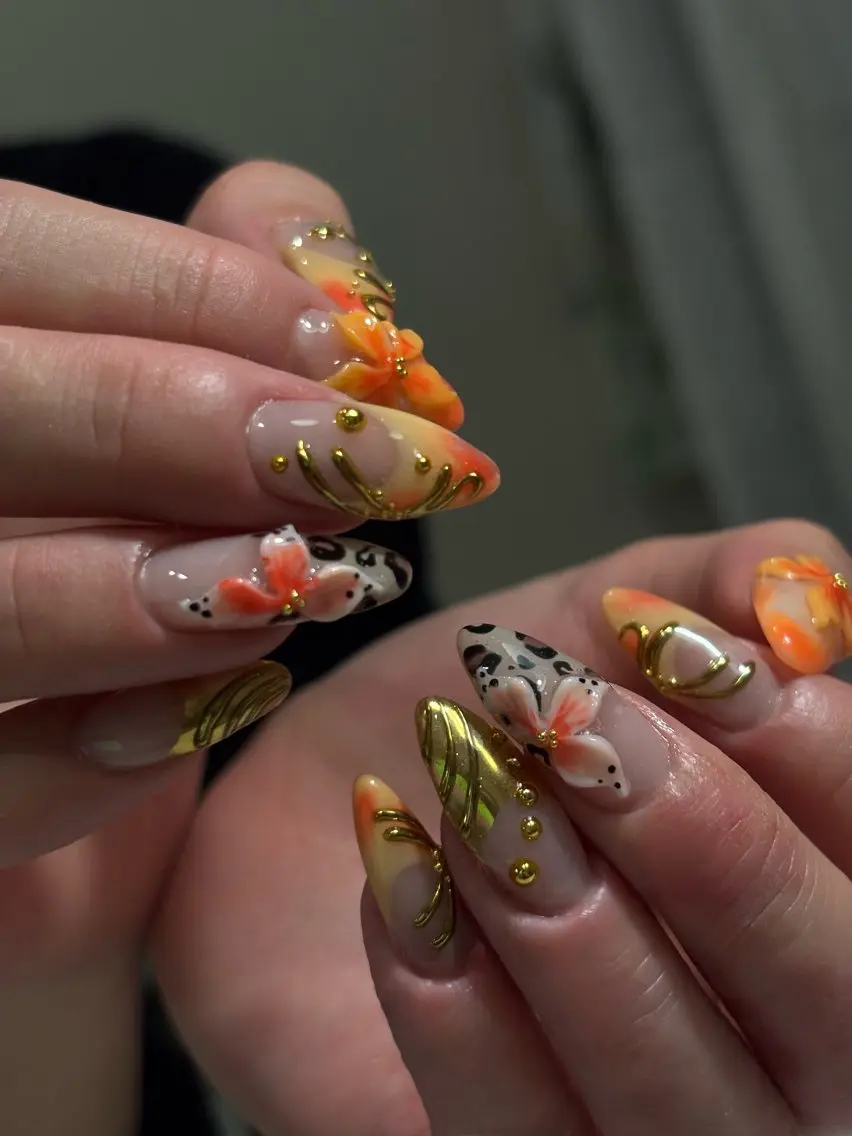 ネイル アートネイル フラワーネイル オレンジ ハンドネイル KAHUA nailのネイルデザイン