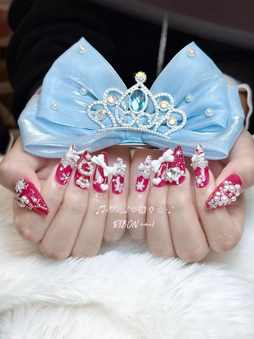 ネイル アートネイル 成人式 長さ出し キラキラネイル ロングネイル RIBON nail 高田馬場のネイルデザイン